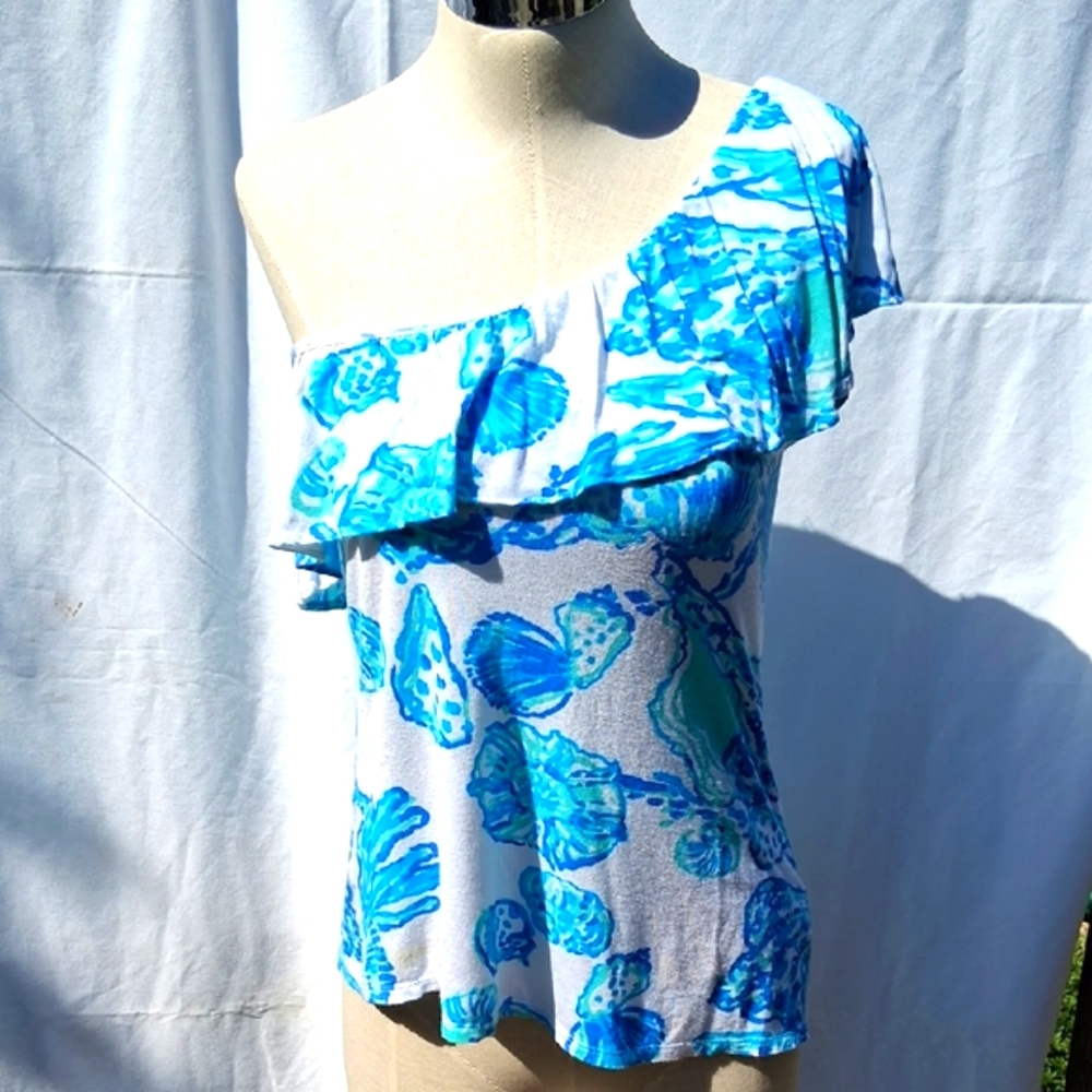 Blue Floral One-Shoulder Lilly Pulitzer Top, Ruffle, Sea Shells, Sz S